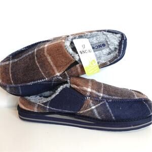 Oncai Navy and Brown Plaid House Slippers Fleece Lined / Rubber nonslip sole